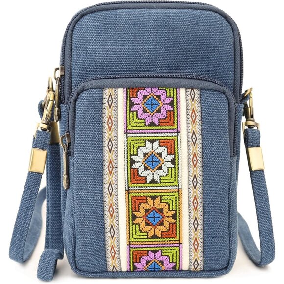 Women's Navy Blue Vintage Embroidered Cute Mini Cross Body Bag Small Handbags - Picture 1 of 6
